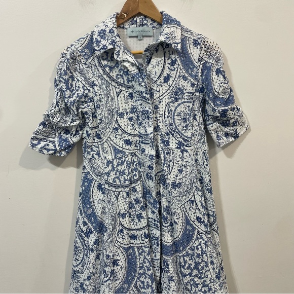 Tuckernuck China Blue Porcelain Eyelet Cotton Button Front Midi Dress Size S - Picture 7 of 15